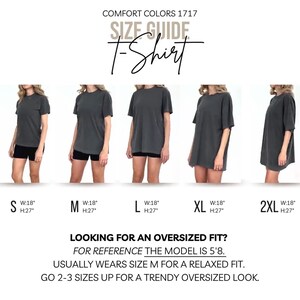 May include: Size guide for a t-shirt with a model wearing the shirt in different sizes. The sizes are S, M, L, XL, and 2XL. The model is 5'8 and usually wears a size M for a relaxed fit. To get a trendy oversized look, go 2-3 sizes up.