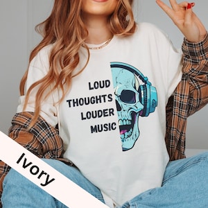 Loud Thoughts Music Therapy Skull T-Shirt, Comfort Colors Vintage Band Tee, Emotional Support Shirt for Emo, Indie, Alt Music Fans Shirt