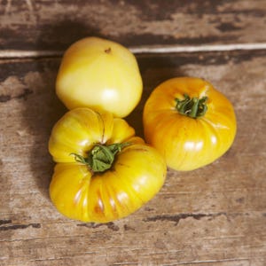 Op de afbeelding: Drie gele erfgoedtomaten op een houten oppervlak. De tomaten hebben verschillende vormen en maten, een is rond, een is ovaal en een is hartvormig.