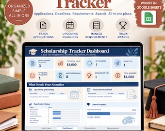 Op de afbeelding: Een laptop met een Scholarship Application Tracker dashboard voor Google Sheets. Het scherm toont secties voor het bijhouden van aanvragen, deadlines, vereisten en prijzen met numerieke gegevens, voortgangsbalken en iconen voor organisatie.