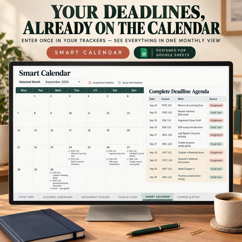 Op de afbeelding: Een computermonitor met een digitale Smart Calendar voor Google Sheets. Het scherm toont een maandoverzicht voor september 2026, een volledige deadline-agenda en navigatietabbladen voor het academische dashboard en takenoverzicht.