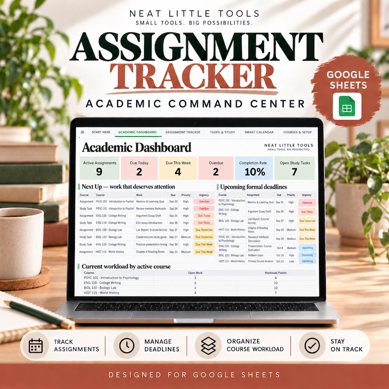 Op de afbeelding: Een laptop met een Assignment Tracker Academic Command Center voor Google Sheets. Het scherm toont een academisch dashboard met tabellen voor opdrachten, deadlines en werkdruk. Tekst bevat Neat Little Tools en Google Sheets.