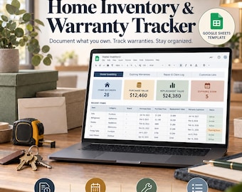 Op de afbeelding: Een Google Sheets-sjabloon voor het bijhouden van woninginventaris en garanties op een laptopscherm. De interface toont tabbladen voor inventaris, verlopende garanties en een logboek voor reparaties en claims met diverse overzichtsvelden.