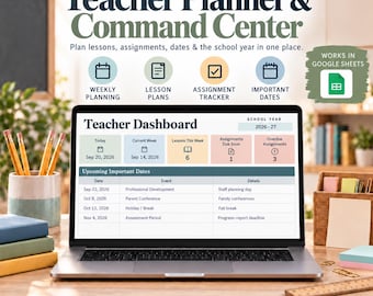 Op de afbeelding: Een digitale lerarenplanner en commandocentrum op een laptopscherm, met een dashboard met tabbladen voor weekplanning, lesplannen, opdrachten en belangrijke data. De interface toont de schooljaarkalender voor 2026-27.