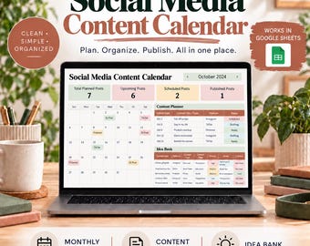 Op de afbeelding: Een laptopscherm met een Social Media Content-kalender voor oktober 2024. De interface bevat een maandoverzicht, een planningstabel en een ideeënbank. De tekst luidt: Social Media Content Calendar, Plan. Organize. Publish. All in one place. Works in Google Sheets.