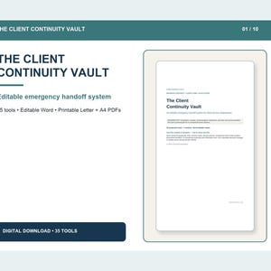 Op de afbeelding: The Client Continuity Vault is een bewerkbaar noodoverdrachtssysteem met 35 tools, inclusief bewerkbare Word-documenten en printbare brief- en A4-PDF's. De digitale download wordt gepresenteerd met een donkergroenblauwe koptekst.