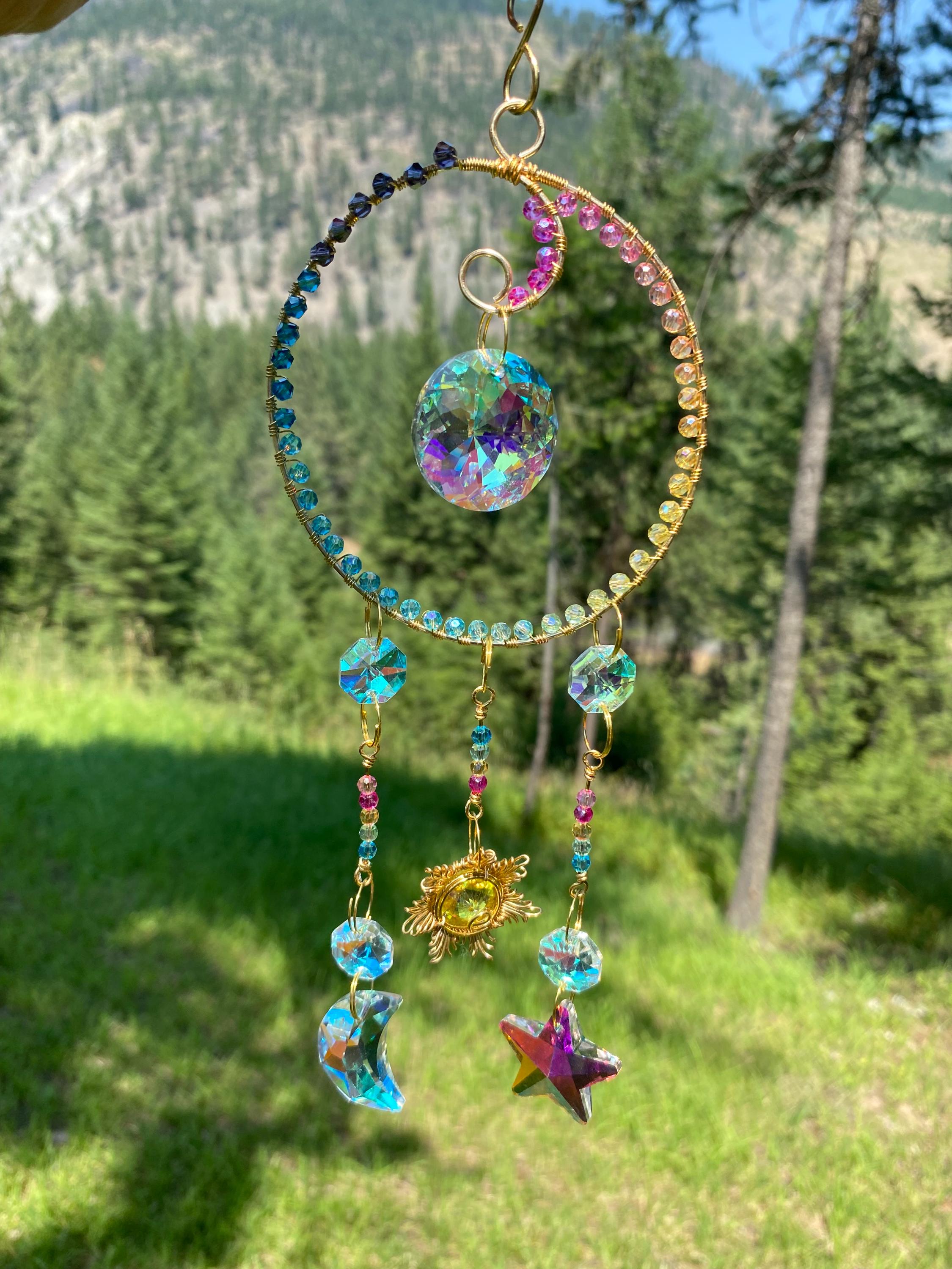 Moon, Sun, and Star Wire Wrapped Suncatcher with Crystals , Colorful Moon, Sun, and Star Crystal Suncatcher, Moon Crystal Suncatcher