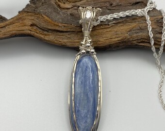 Blue Kyanite Sterling 925 Silver Wire Wrapped Pendant with crystal