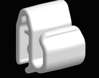 May include: White plastic clip designed to hold items together. The clip has a simple design with a curved shape and a small lip on one side.