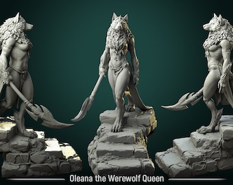May include: A gray, detailed, 3D printed sculpture of a werewolf queen holding a spear. The sculpture is on a stone base and is posed in three different views.