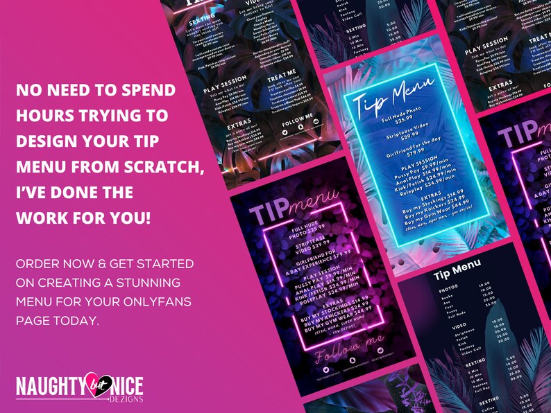 Onlyfans Neon Tip Menu Template, Price List Pink Blue Purple Digital ...