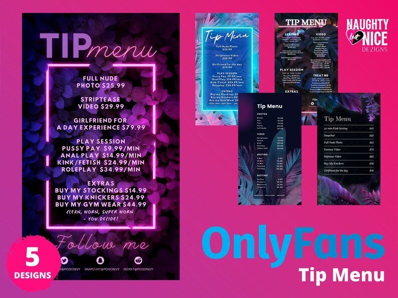 Onlyfans Neon Tip Menu Template, Price List Pink Blue Purple Digital ...