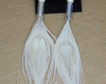 White Peacock Feather Earrings with Glass Beads and Pearls, Silver Hooks