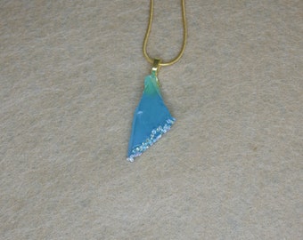 Teal Blue Sea Glass sparkle Pendant and Chain Gold