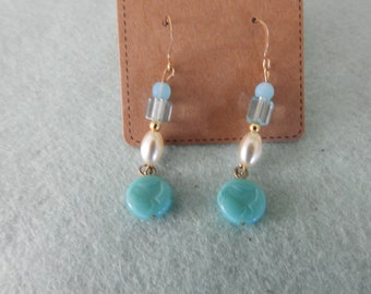Handmade Turquoise colored bead with Pearl earrings with Gold Hooks