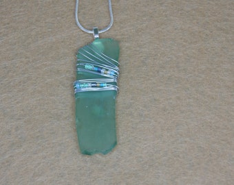 Silver Wire wrapped Green Sea Glass with Bead accent Pendent | Sea Glass | Glass | Chain