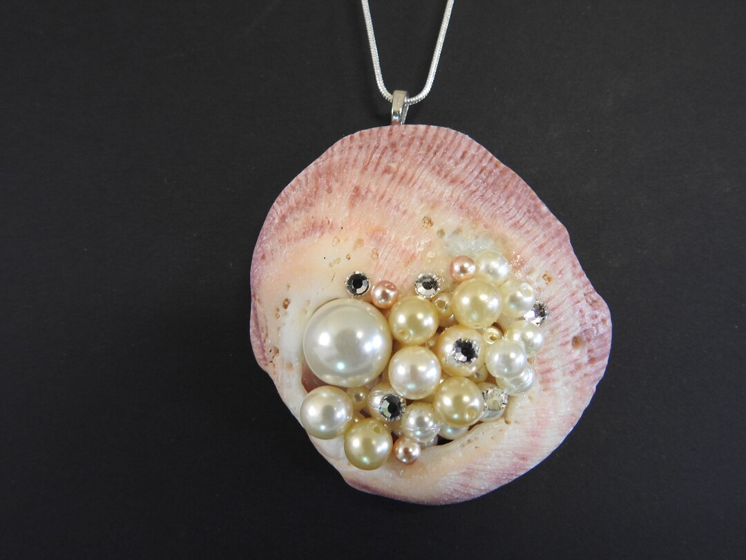 Seashell, Pearls and Rhinestone Pendant Seashell Pearls Rhinestones