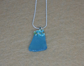 Blue Teal Sea Glass Bead Pendant, Chain