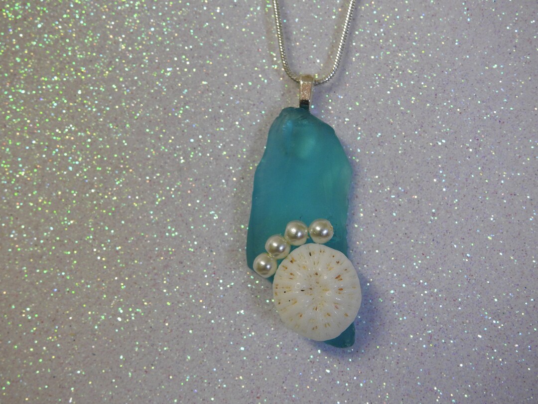 Blue Sea Glass Coral Pearl Pendent Sea Glass Pearls Coral Necklace