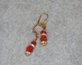 Handmade Red and Gold Bead Earrings, Gold Lever Back Ear Wire