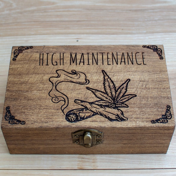 Weed Stash Box Cannabis Stash Box Gift - High Maintenance - 420 Gift - Engraved Wood Stashbox
