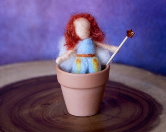 BLUE TOOTH FAIRY with a flower pot, needle felted tooth fairy, Waldorf inspired tooth fairy, Waldorf fairy