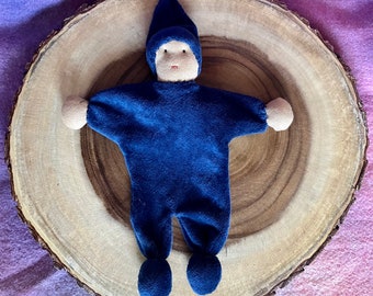 BLUE Waldorf BLANKET DOLL, Cuddle doll, Snuggle Lovey, Waldorf inspired, First Baby Doll
