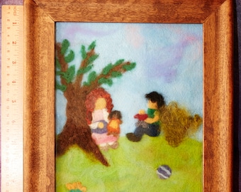 Needle felted picture, wool picture, Children playing on the meadow, Waldorf art, Perfect For a Child’s Room, Nursery, Playroom, Baby Gift,