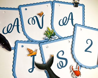 Personalised Snail and Whale Birthday Banner, Custom Storybook Party Bunting, Under the Sea Kids Birthday Decor