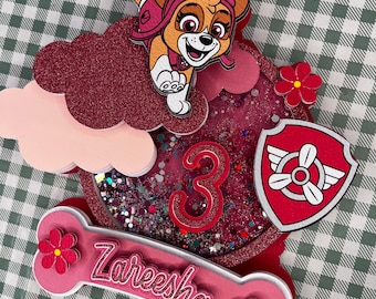 Pink Puppy Patrol Cake Topper | Personalised 3D Birthday Party Decoration