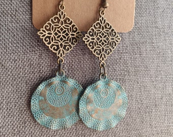 Bronze Blue Patina Metal Swirl Drop Earrings