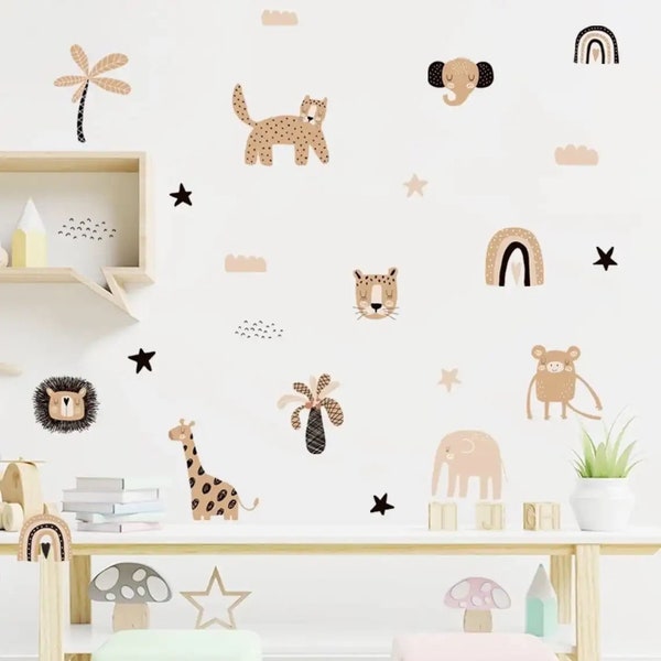 Decalcomanie da muro Chic Safari Tales - Adesivi con animali Boho per decorazioni eleganti per la cameretta dei bambini - Decorazioni moderne per la camera dei bambini
