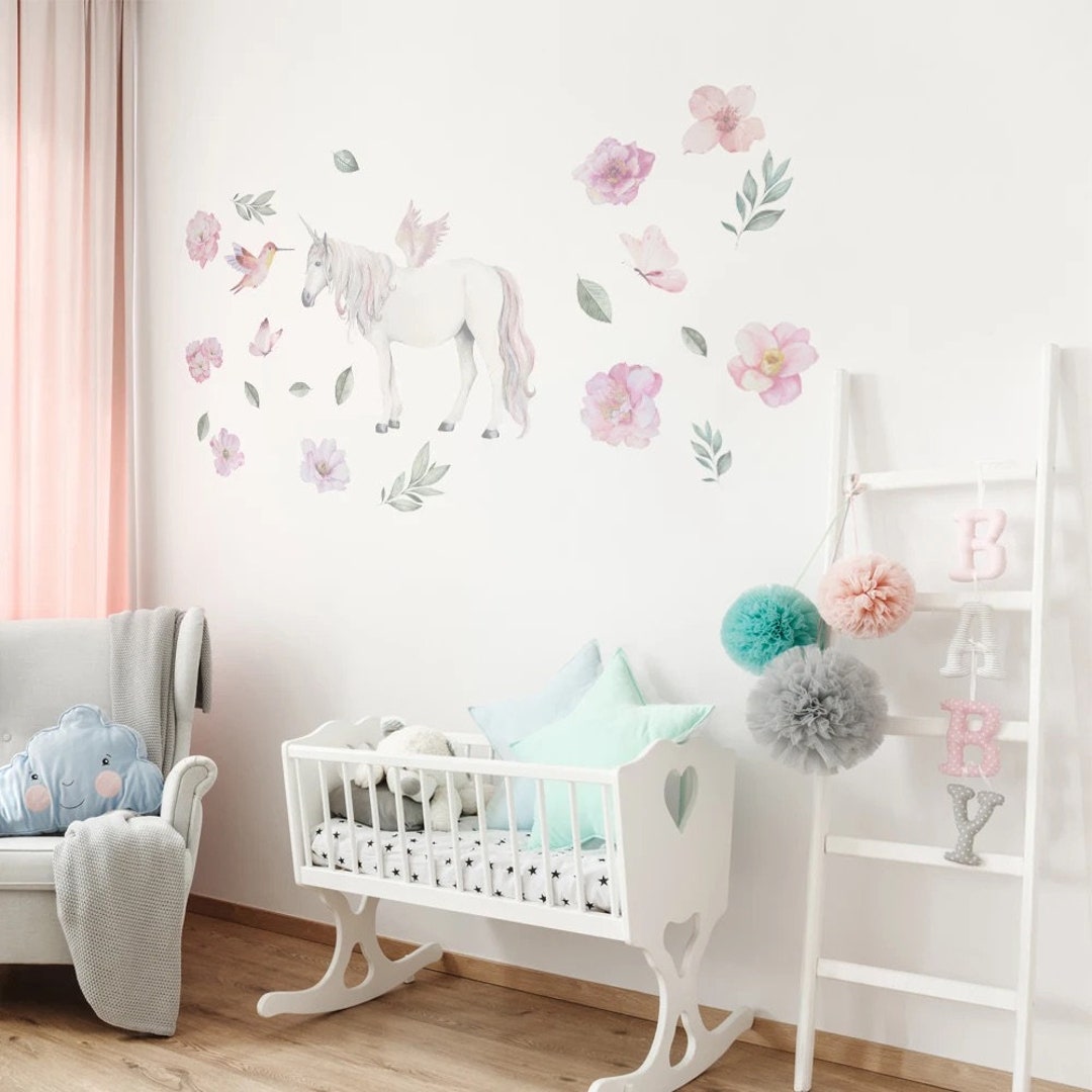 Magical Unicorn and Floral Wall Decals for Nursery Enchanting Wall