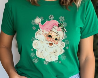Vintage Santa, Pink Santa Hat, Retro Christmas, Christmas Graphic Tee, Gift for Her, Christmas, Holiday Clothing, Santa Tee, Pink Christmas