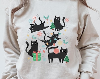 Black Cat Christmas Sweatshirt, Holiday Sweater, Cat Sweatshirt, Kitten Christmas Shirt, Christmas Gift,Comfort Colors, Gift for Cat Mom