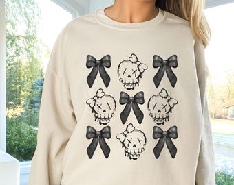 Halloween Skull Black Bow Sweatshirt, Halloween Gift, Halloween Shirt, Retro Halloween Shirt, Women's Sweatshirt, Halloween Costume,Trending