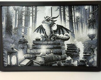 The Midnight Librarian Dragon Art | HueForge 3D Printed Fantasy Bookish Decor (Framed)