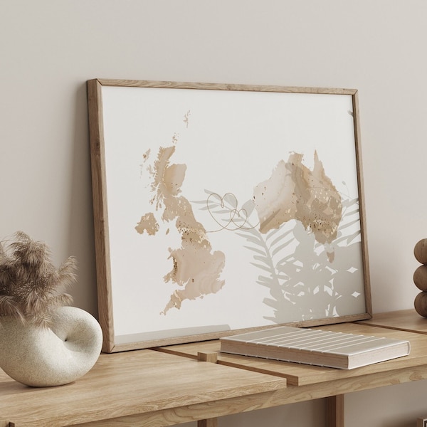 Britain and Australia Map Beige & Gold Travel Wall Art Print | United Kingdom | UK