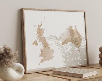 Britain and Australia Map Beige & Gold Travel Wall Art Print | United Kingdom | UK