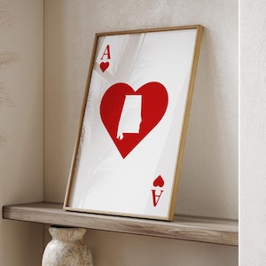 Carte de l'Alabama inspirée des cartes à jouer, impression d'art mural | Coeur d'amour romantique | Minimaliste | État américain | États-Unis d'Amérique | Etats-Unis