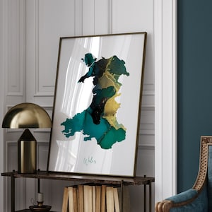 Wales Map Kunstdruck in Smaragdgrün und Gold