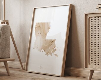 Louisiana Map Beige & Gold Wall Art Print | US State | USA | United States of America