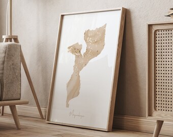 Mozambique Map Beige & Gold Wall Art Print
