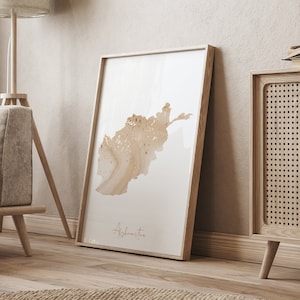 Afghanistan Map Beige & Gold Wand Kunst Druck