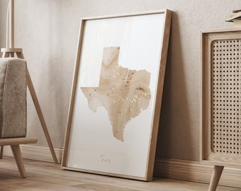 Texas Map Beige & Gold Wall Art Print | US State | USA | United States of America