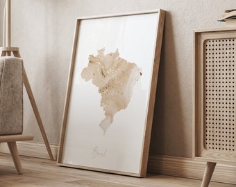 Brazil Map Beige & Gold Wall Art Print