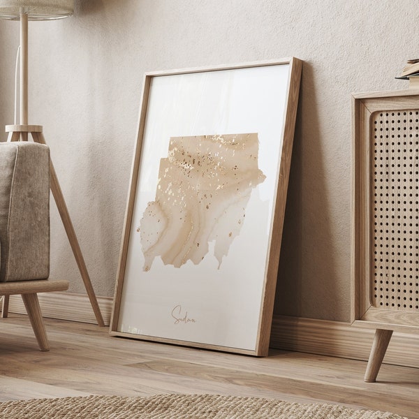 Sudan Map Beige and Gold Wall Art Print