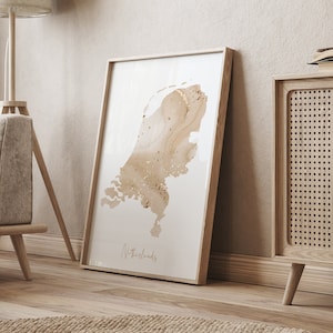 Impression d'art murale carte des Pays-Bas beige et or