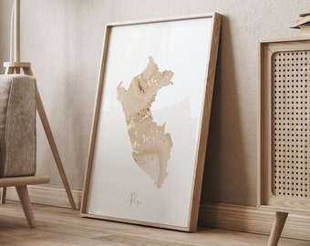 May include: A framed print of a watercolor map of Peru in gold and beige tones. The print is hanging on a beige wall above a wooden cabinet with a woven rattan door.