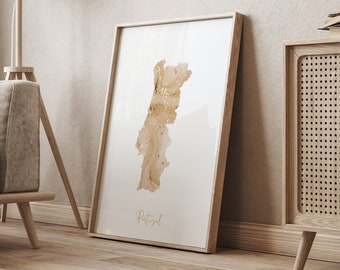 Portugal Map Beige & Gold Wall Art Print